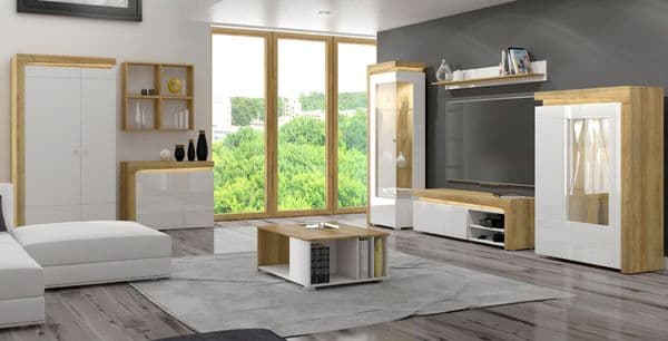 Rio White High Gloss And Oak Low Wide Display Cabinet With LED Lights THW-2P-N9C