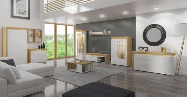 Rio White High Gloss And Oak Low Wide Display Cabinet With LED Lights THW-2P-N9C