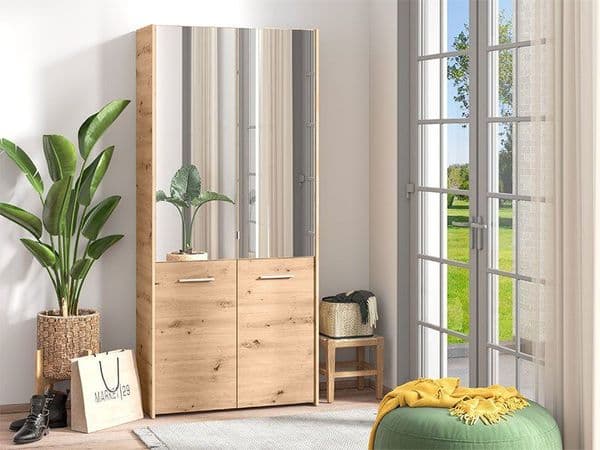 Lisbon Oak Effect Mirrored Door 50 Pair Large Shoe Cabinet Cupboard - 11011489