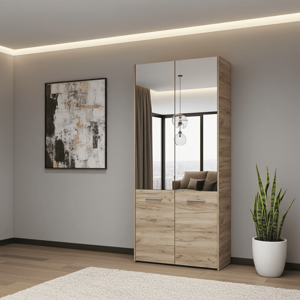 Lisbon Oak Effect Mirrored Door 50 Pair Large Shoe Cabinet Cupboard - 11011489