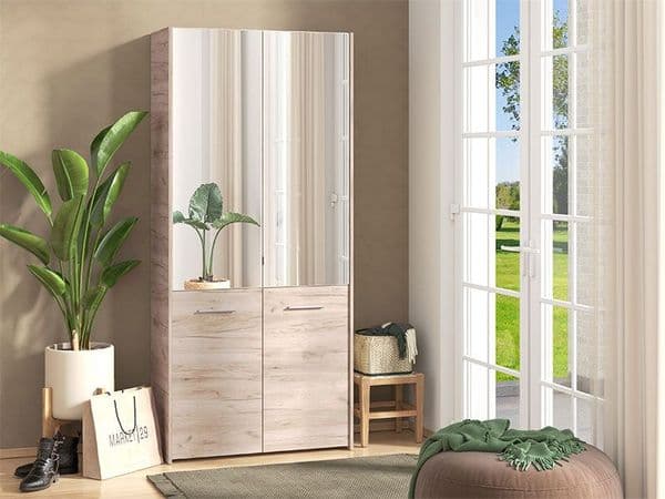 Lisbon Oak Effect Mirrored Door 50 Pair Large Shoe Cabinet Cupboard - 11011489