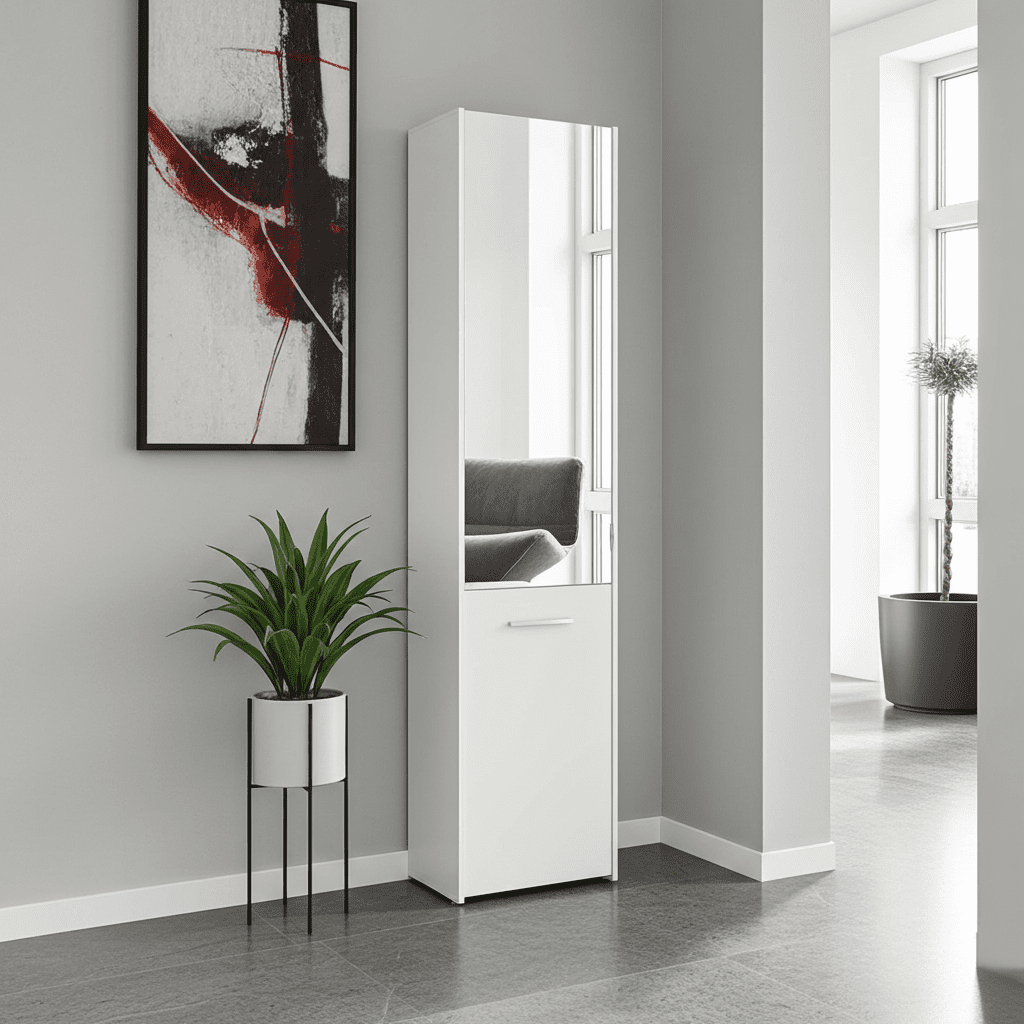 Lisbon White Mirrored 1 Door 30 Pair Tall Slim Shoe Cabinet Cupboard - 11012393