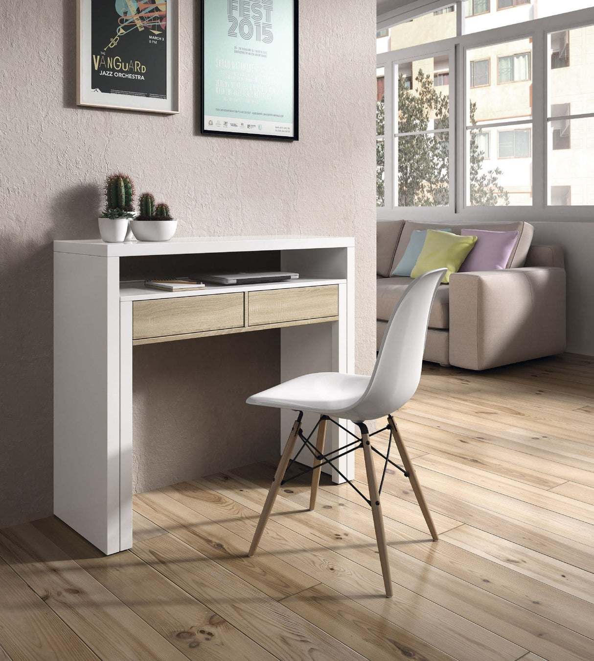 Whisper Extending Desk in White & Light Oak