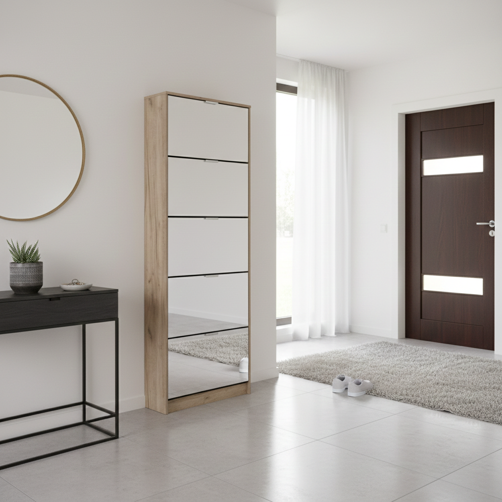 Sydney- 5 Drawer Mirrored and Oak Effect Shoe Storage Cabinet - 11008552