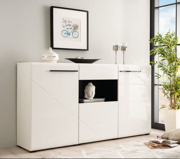 Moderna Large Tall Sideboard in White Gloss and Black With Drawers and Cupboards -11008657