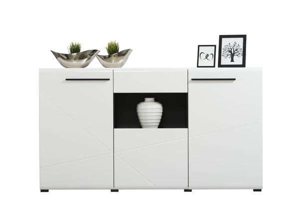 Moderna Large Tall Sideboard in White Gloss and Black With Drawers and Cupboards -11008657