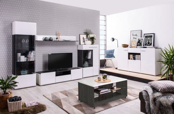Moderna Large Tall Sideboard in White Gloss and Black With Drawers and Cupboards -11008657