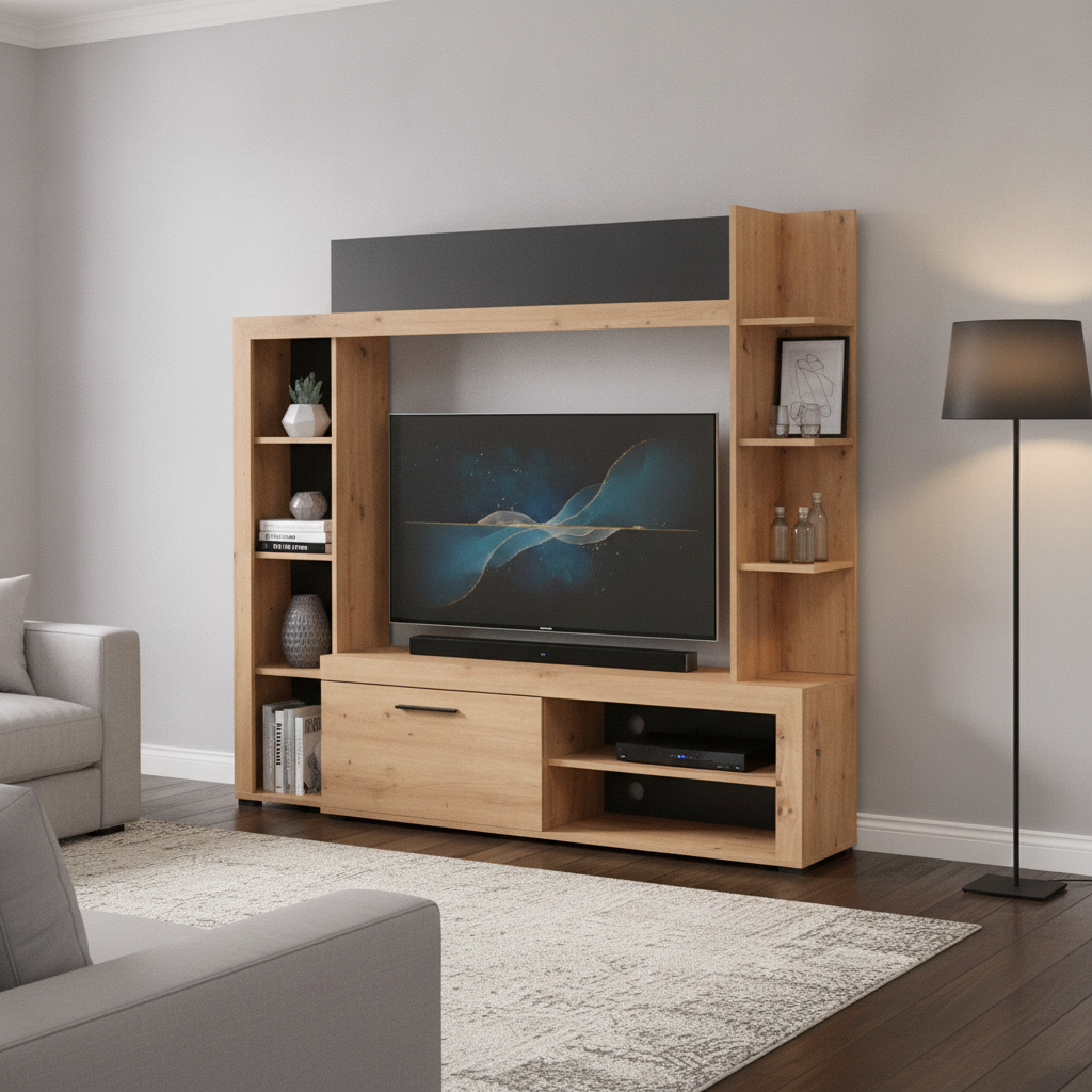 Raya Artisan Oak Effect And Black Compact Entertaiment Unit Wall TV Cabinet - 11008241