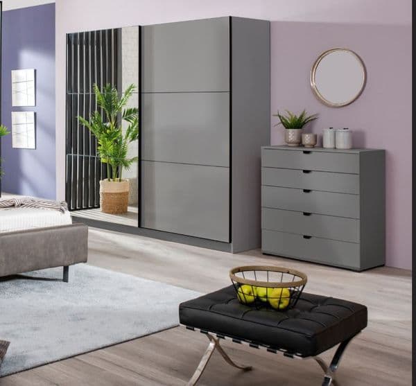 Palma Large Grey And Mirrored Sliding Door Wardrobe -11008287