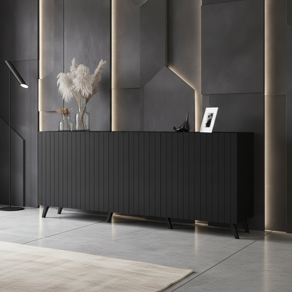 Nora Matte Black Slatted 4 Door Wide Elegant Sideboard