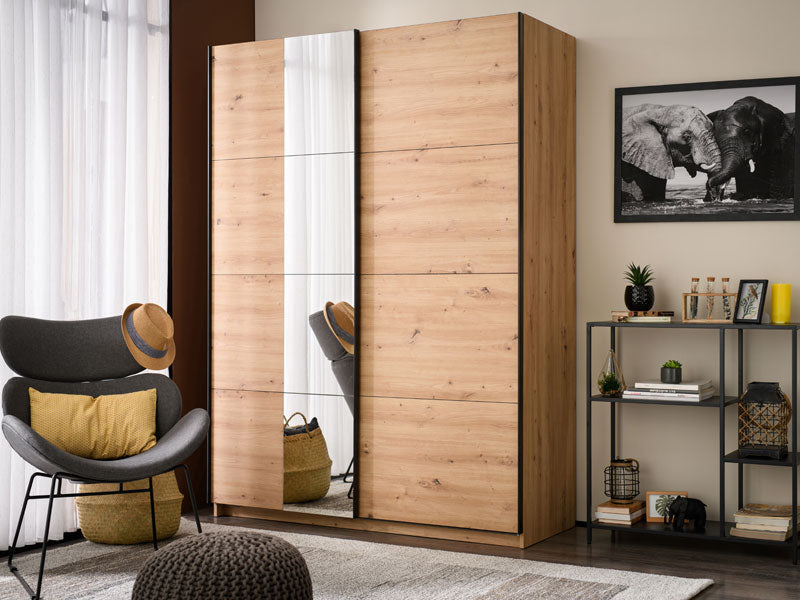 Raya Oak Effect Mirrored Sliding Door Wardrobe 145cm - 11013480
