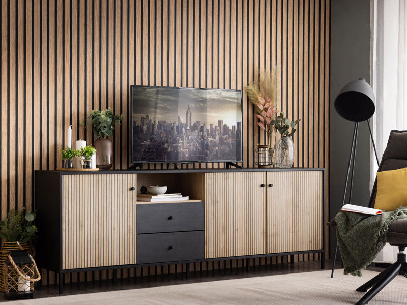 Bevalon Slatted Artisan Oak Effect And Black Wide TV Unit Cabinet With 3 Doors 11013530