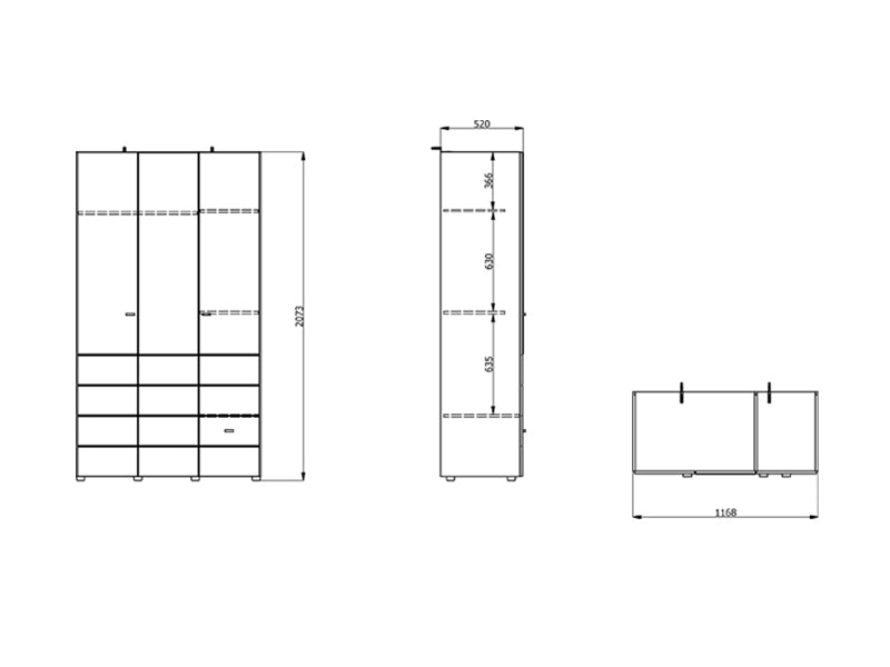 Nevaris White Narrow 3 Door 1 Drawer Space-Saving 117cm Wide Combination Wardrobe - 11014950