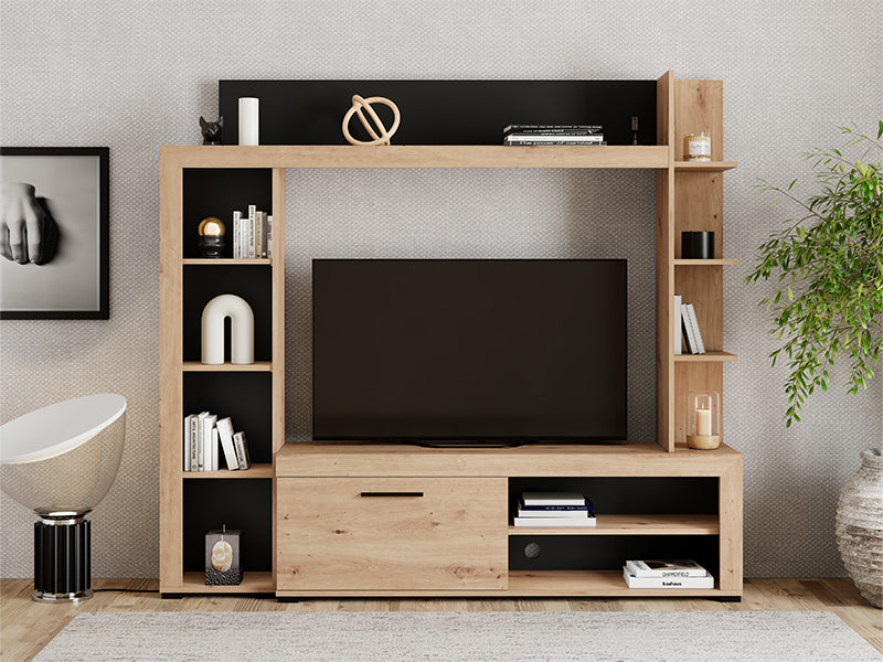 Raya Artisan Oak Effect And Black Compact Entertaiment Unit Wall TV Cabinet - 11008241