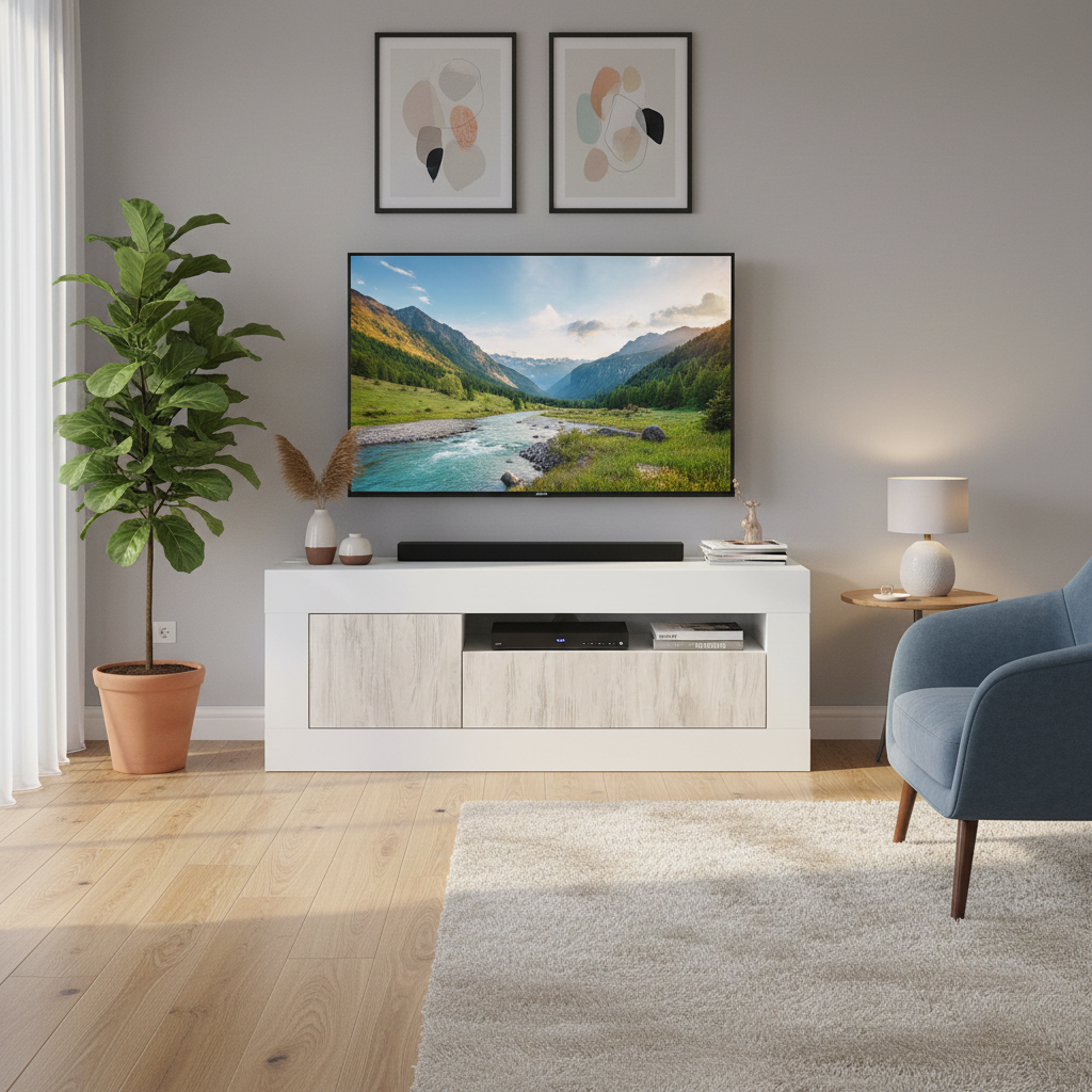 Lee Tall TV Cabinet Entertainment Unit in White with White Wood Effect- 036627A