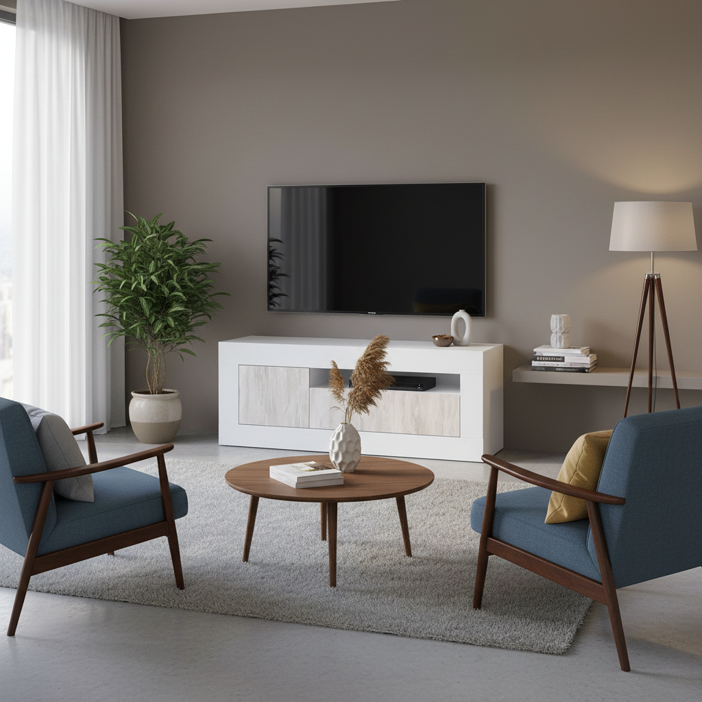 Lee Tall TV Cabinet Entertainment Unit in White with White Wood Effect- 036627A