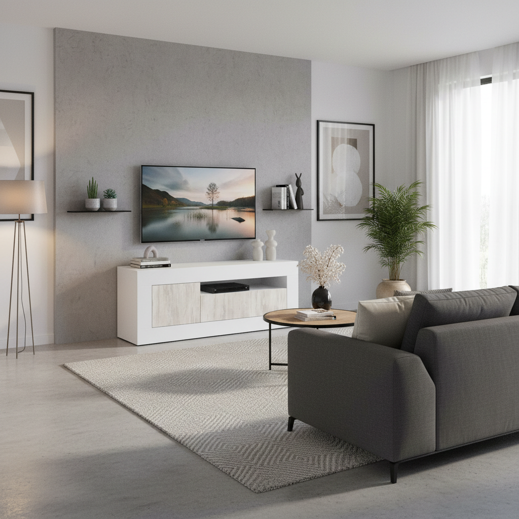 Lee Tall TV Cabinet Entertainment Unit in White with White Wood Effect- 036627A