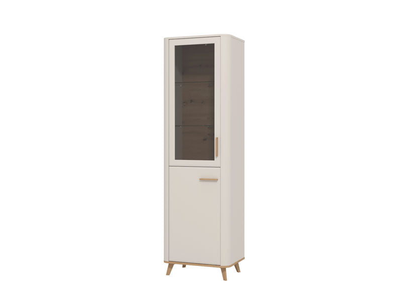 Barwen Cashmere And Oak Effect Tall Slim 2 Door Showcase Display Cabinet Unit - 11014451