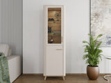 Barwen Cashmere And Oak Effect Tall Slim 2 Door Showcase Display Cabinet Unit - 11014451