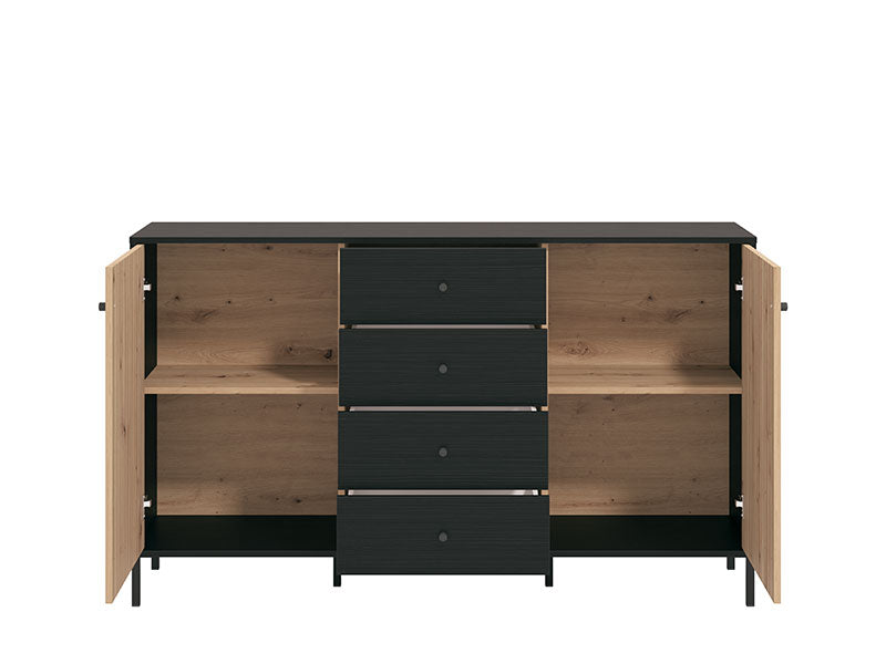 Correze Slatted Artisan Oak Effect And Black 157cm 2 Door 4 Drawer Sideboard 11013540 RZ