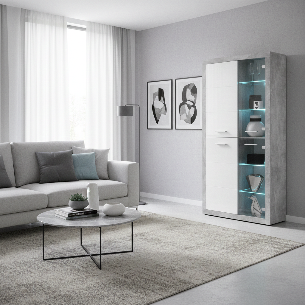 Cementara Grey and White High Gloss Tall 4 Door Display Cabinet P9BBGS02