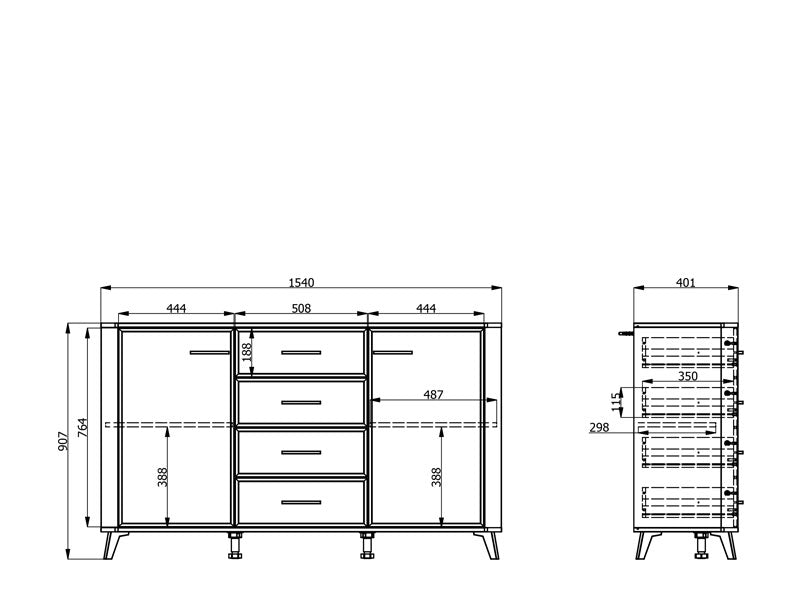 Barwen Cashmere And Oak Effect Large 154cm 2 Door 4 Drawer Sideboard - 11014454