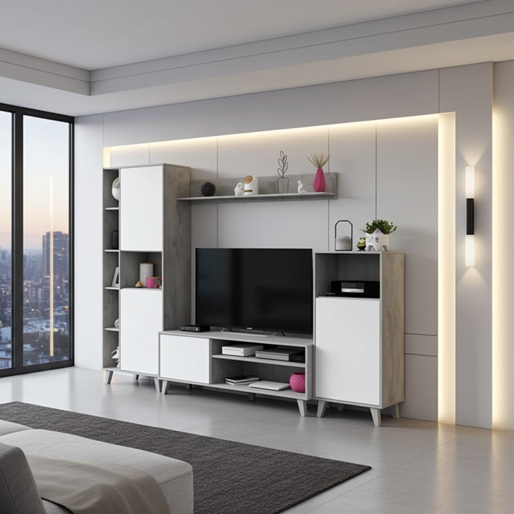 Kenzo White And Concrete Grey Effect Large TV Entertainment Wall Unit Cabinet 016686L