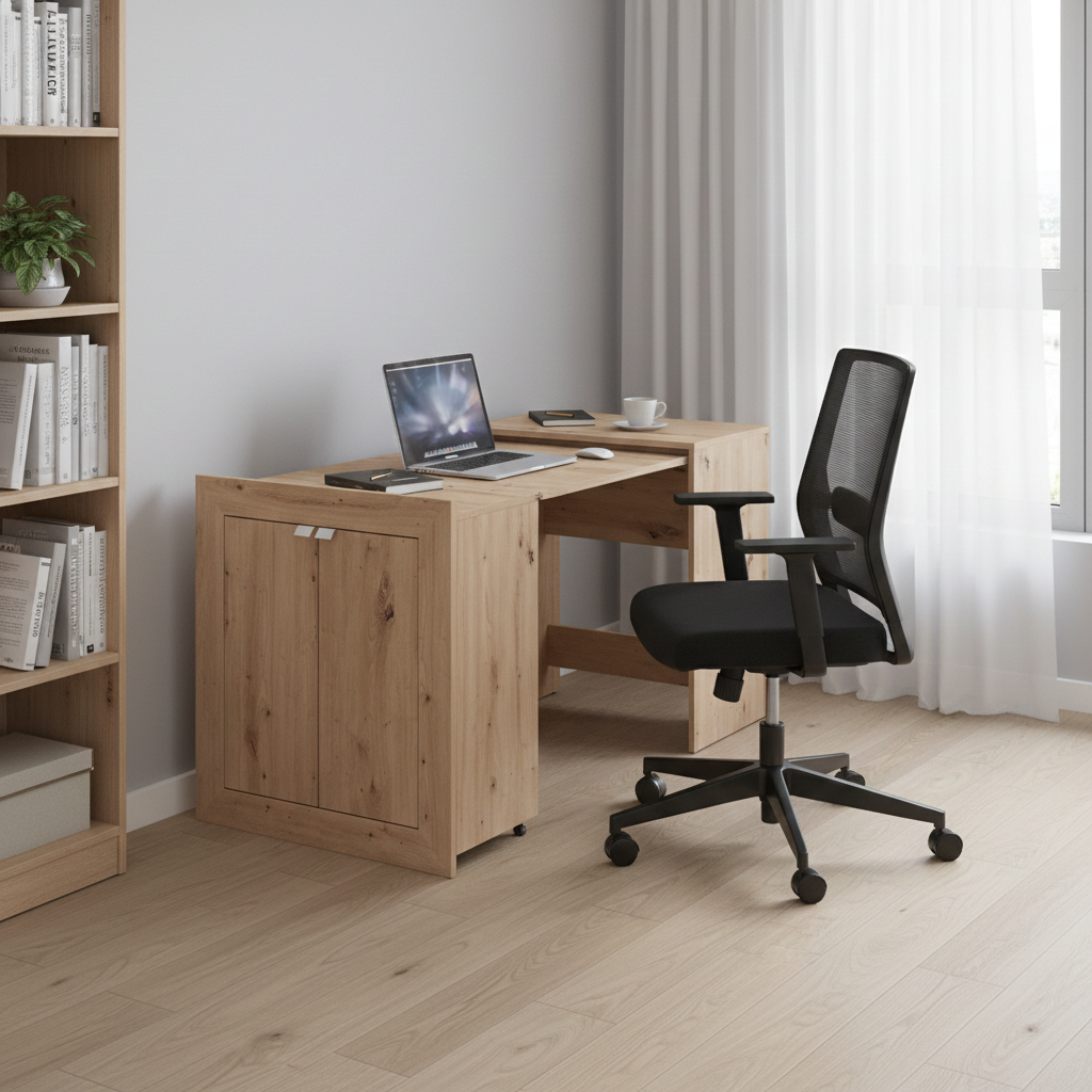 Eudox Oak Effect Pullout Space Saving Hideaway Storage Computer Convertible Desk