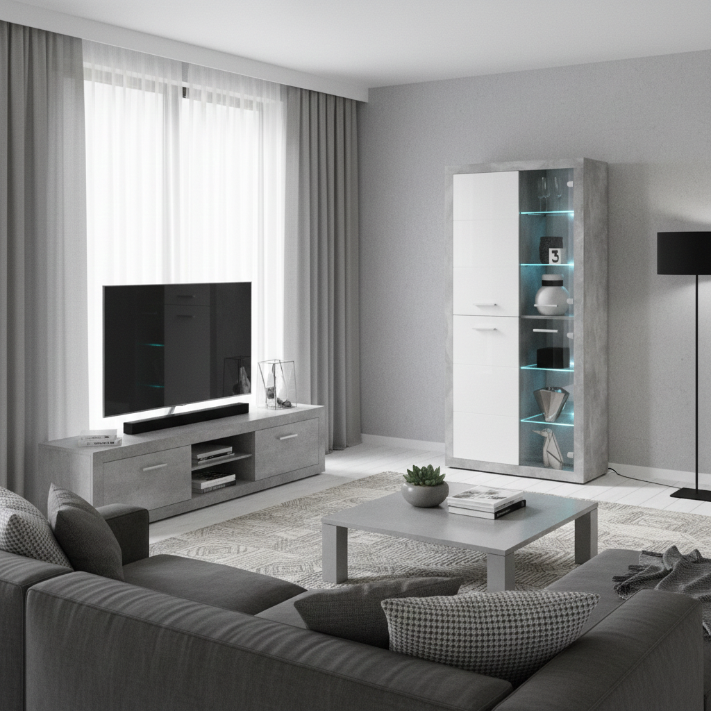 Cementara Grey and White High Gloss Tall 4 Door Display Cabinet P9BBGS02