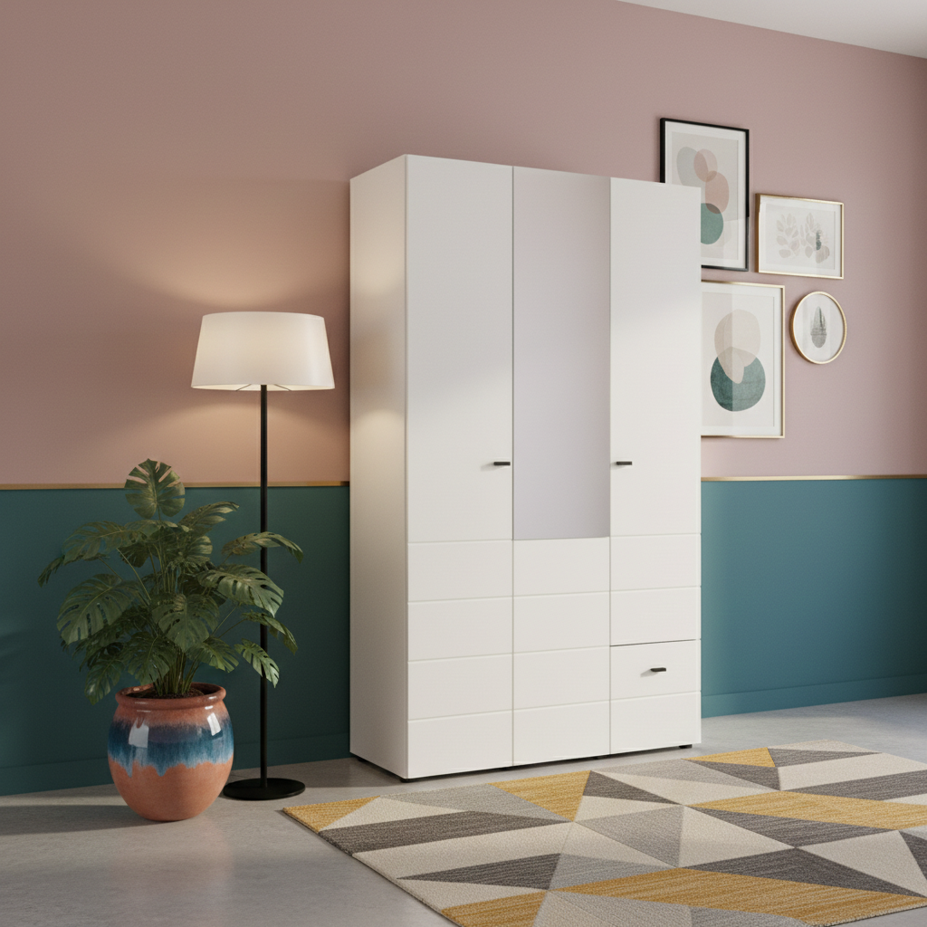 Nevaris White Narrow 3 Door 1 Drawer Space-Saving 117cm Wide Combination Wardrobe - 11014950