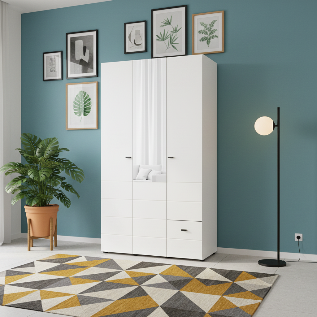 Nevaris White Narrow 3 Door 1 Drawer Space-Saving 117cm Wide Combination Wardrobe - 11014950