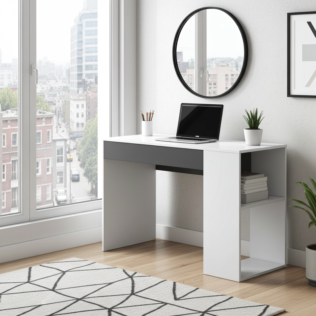 Abot Grey and White Desk with Drawer and Shelves-0Z2313A