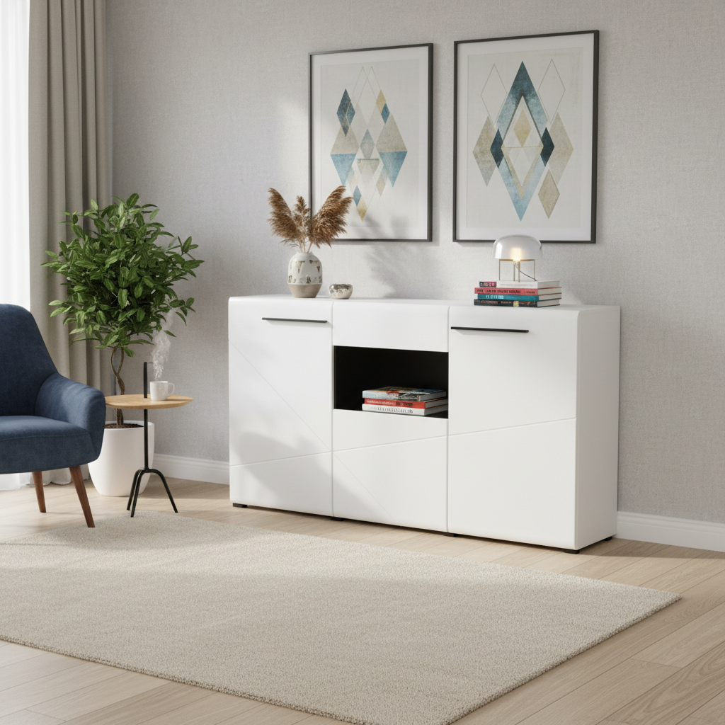 Moderna Large Tall Sideboard in White Gloss and Black With Drawers and Cupboards -11008657
