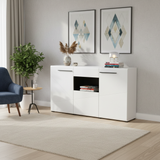 Moderna Large Tall Sideboard in White Gloss and Black With Drawers and Cupboards -11008657