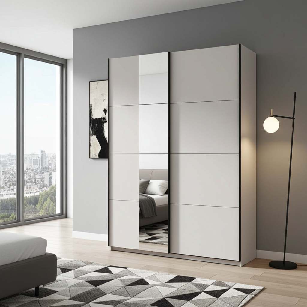 Raya White Mirrored Sliding Door Wardrobe 145cm - 11013481