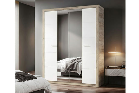 Selina Mirrored 4 Door Grey Oak and White Gloss Wardrobe With Shelves And Hanging Space - 11008706