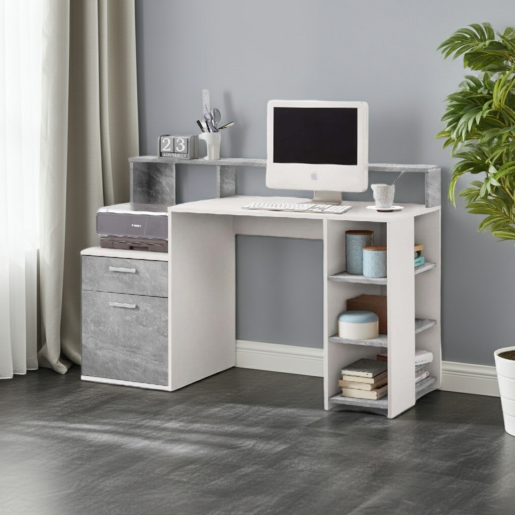 Sense White and Grey Desk with Hutch and Drawers 3006-001