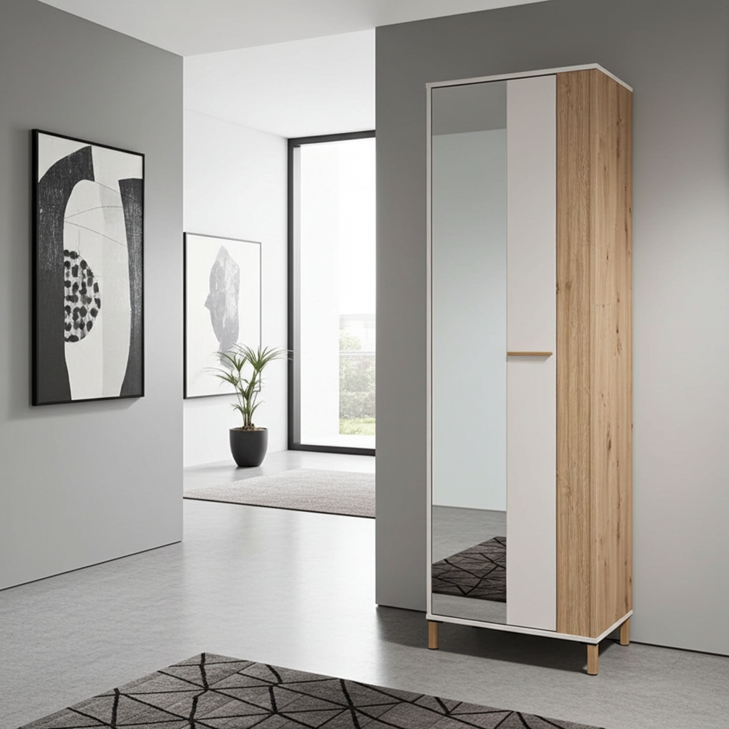 Elandra Cashmere Taupe And Artisan Oak Effect Slim Narrow Shallow Depth Wardrobe - 11013554 RZ