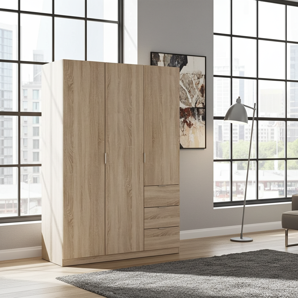 Spinda  Oak Effect Narrow 3 Door 3 Drawer Space-Saving Wardrobe 135cm Wide - LCX353F