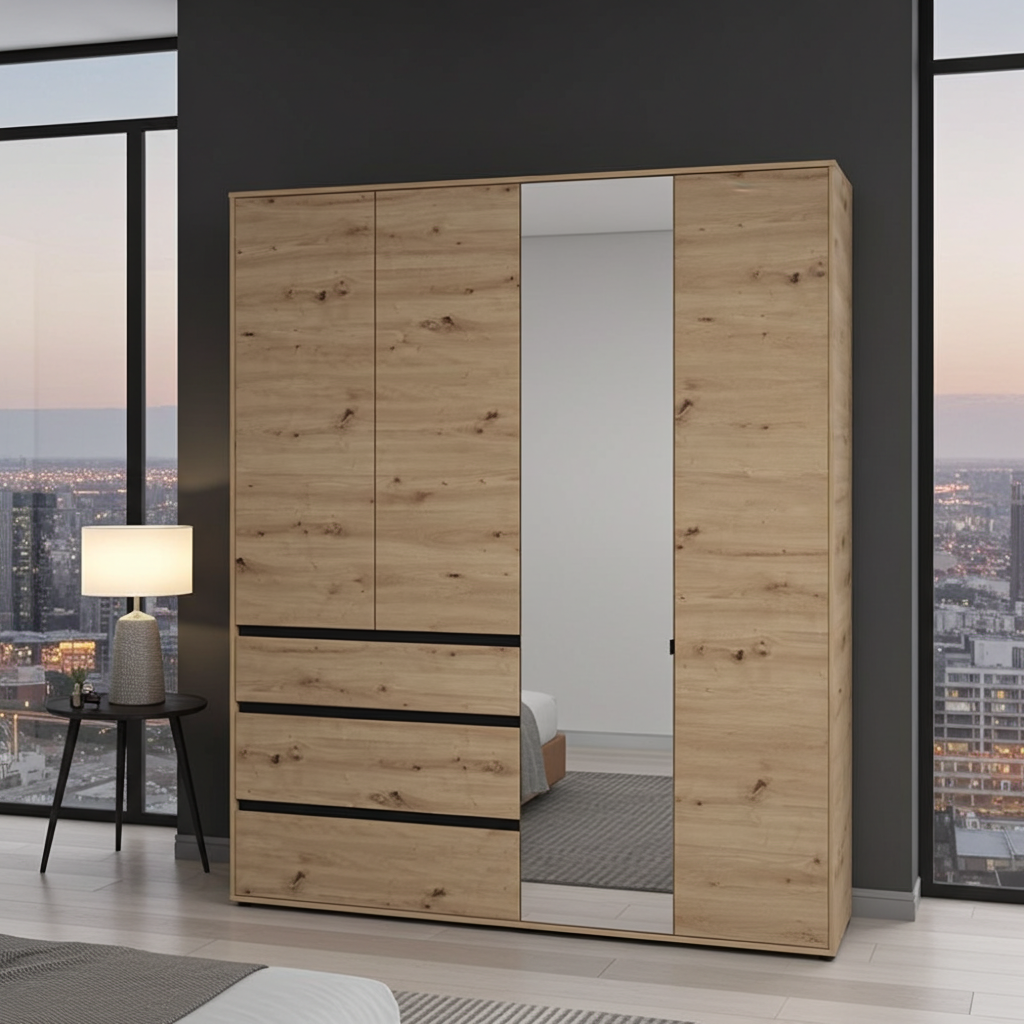 Bellington Artisan Oak Effect 4 Door 3 Drawer Mirrored Wardrobe - 11014097