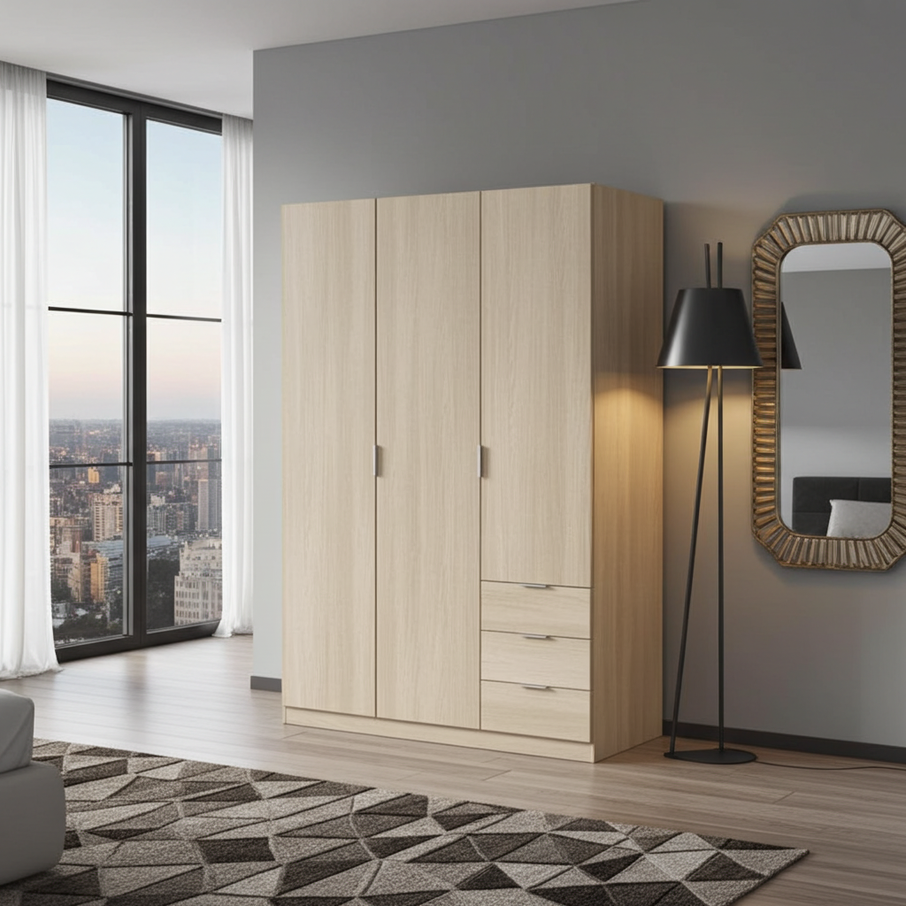 Spinda Small Oak Effect Narrow 3 Door 3 Drawer Space-Saving Wardrobe 121cm Wide - LCX323R