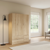 Spinda Canadian Oak Effect 3 Door 4 Drawer Space-Saving Wardrobe 135cm Wide- LCX453F