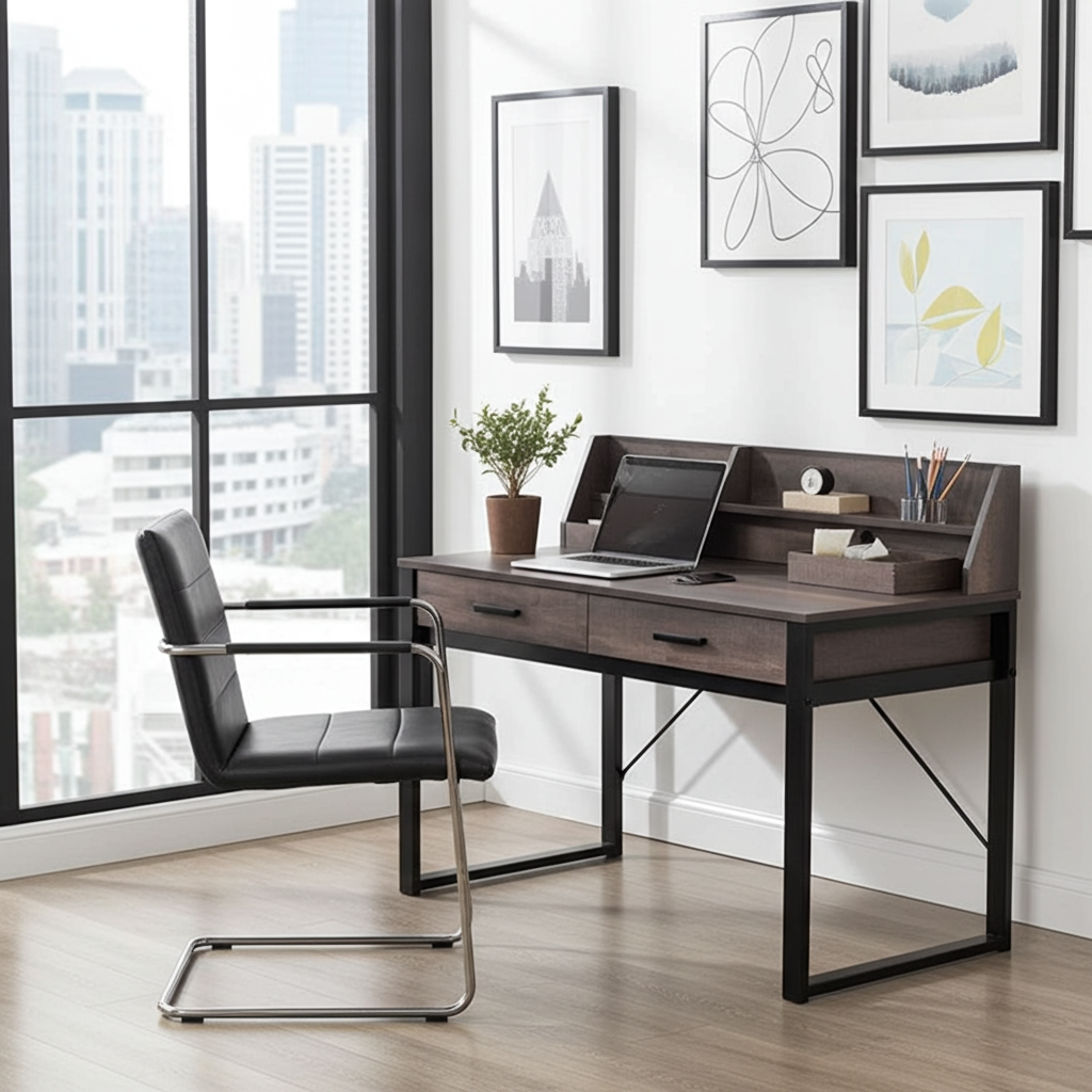 Vivo Modern Dark Walnut Effect Writing Study Desk with Drawers and Hutch