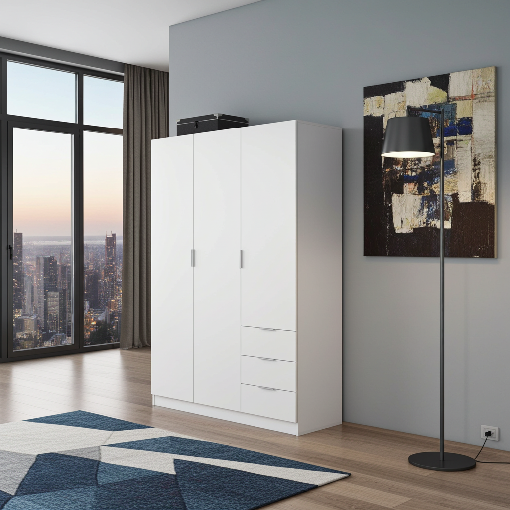 Spinda Small Artic White Narrow 3 Door 3 Drawer Space-Saving Wardrobe 121cm Wide- LCX323O