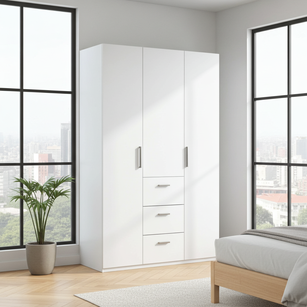 Sterling Artic White Small Narrow 3 Door 3 Drawer Space-Saving Wardrobe 117cm Wide - WRD353BO