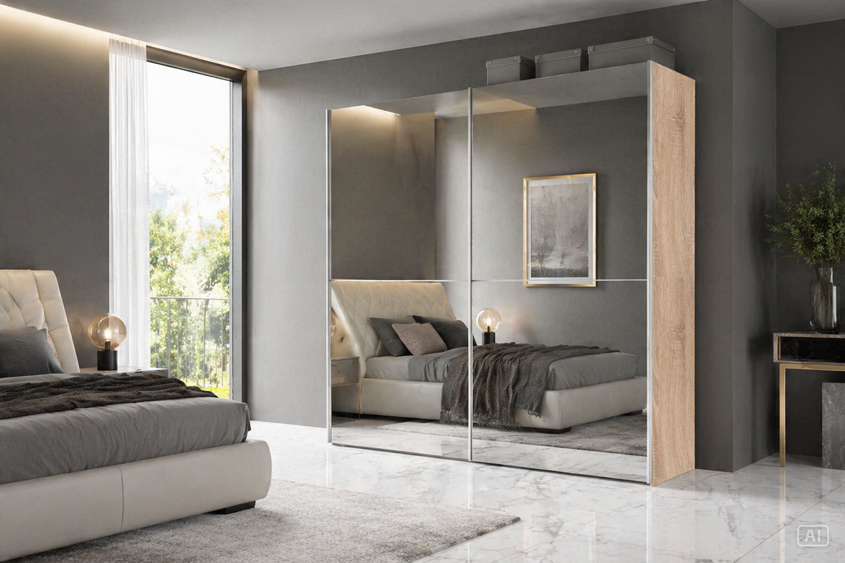 Montclair 240cm Full Mirrored Extra Large Sliding Door Wardrobe Oak Effect P8DSMLBL
