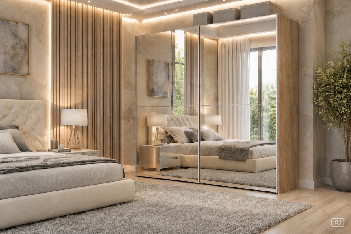 Montclair 240cm Full Mirrored Extra Large Sliding Door Wardrobe Oak Effect P8DSMLBL