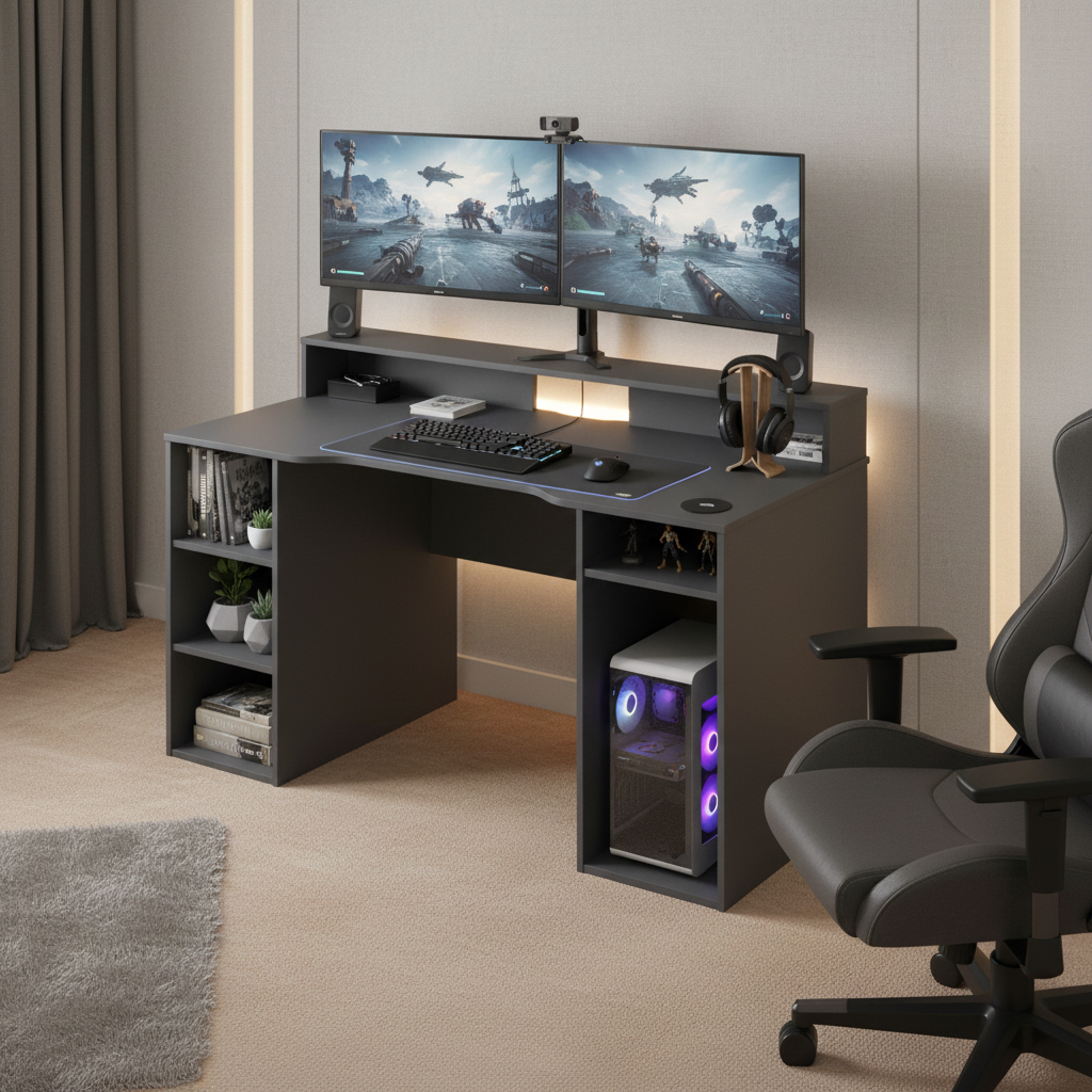 Rafa Gaming Desk in Dark Grey with Hutch and Storage- 004601Z