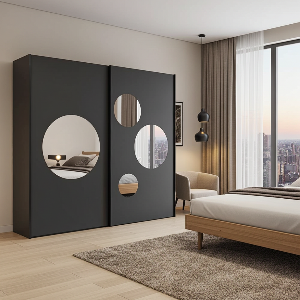 Cullinan Dark Grey Large 219cm Sliding Door Wardrobe With Round Mirrors - 8XGMS202
