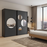 Cullinan Dark Grey Large 219cm Sliding Door Wardrobe With Round Mirrors - 8XGMS202